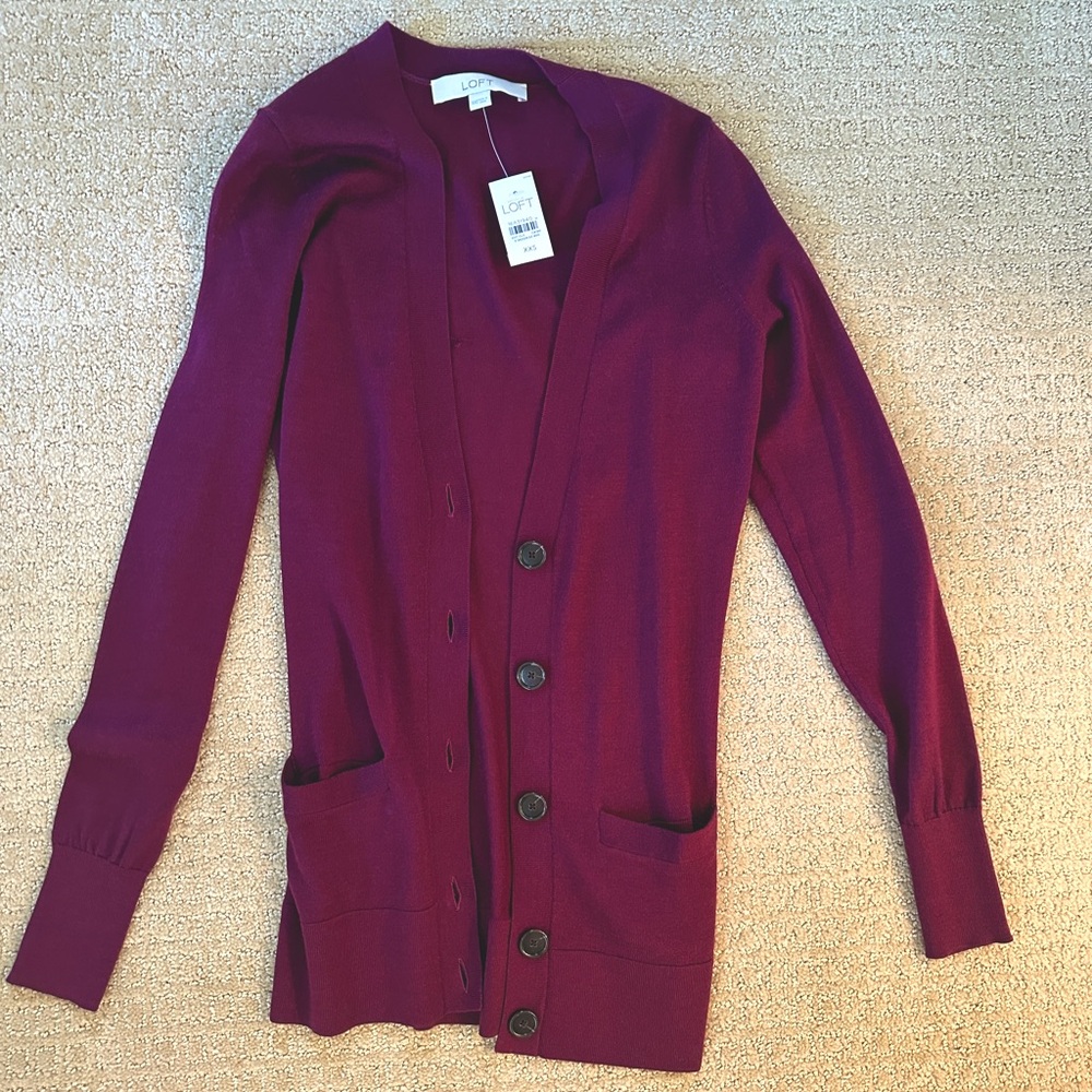 LOFT grape/wine-colored cardigan, size XXS